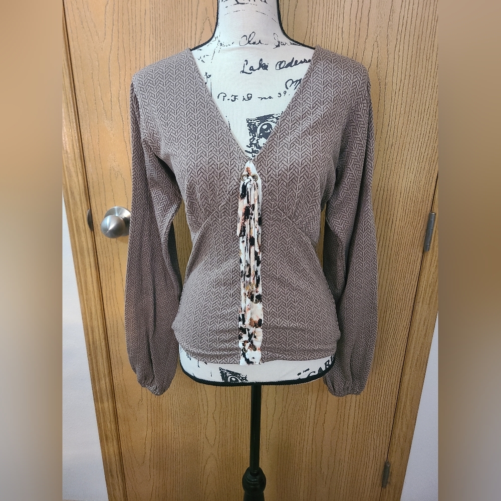 NWOT Gimmicks BKE Boho Brown Bishop Sleeve Lace Up Corset Peasant Top